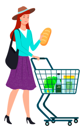 Lady shopping for bread at supermarket  Illustration