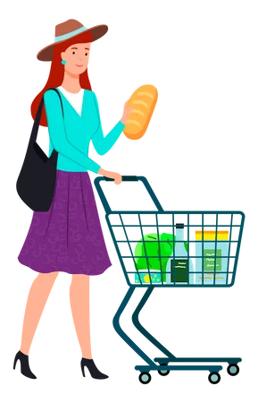 Lady shopping for bread at supermarket Illustration