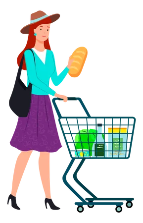 Lady shopping for bread at supermarket  Illustration