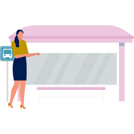 Lady showing bus stop  Illustration