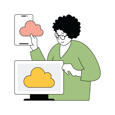 Lady showing cloud system on phone and computer  イラスト