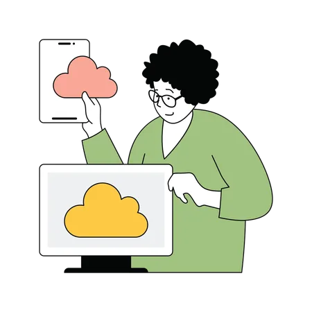 Lady showing cloud system on phone and computer  イラスト