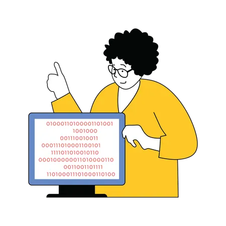 Lady showing coding on desktop  Illustration