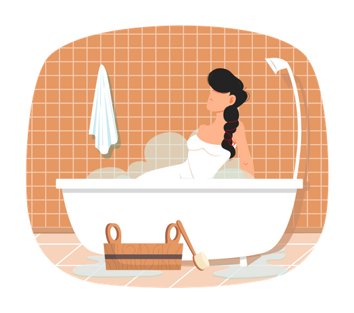 Lady sitting in bathtub with hot water  Illustration