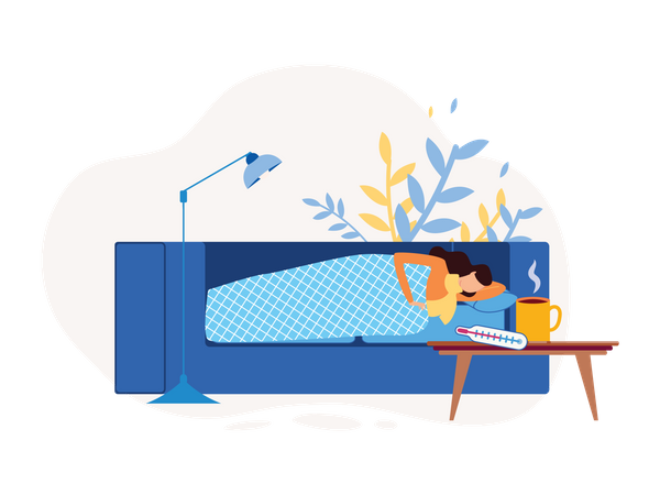 Lady sleeping and resting due to sickness Illustration