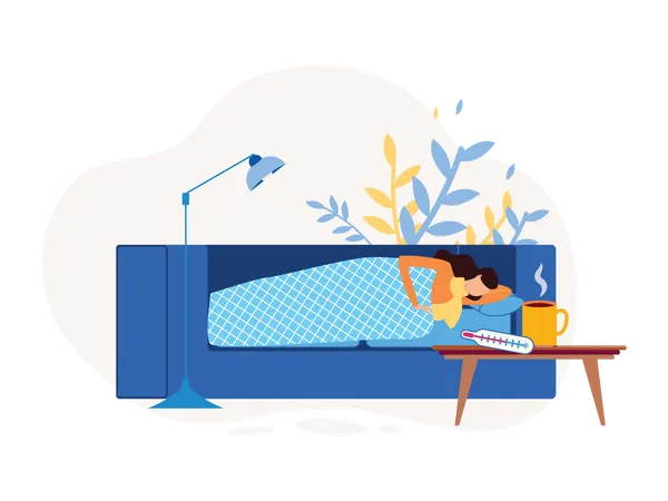 Lady sleeping and resting due to sickness Illustration