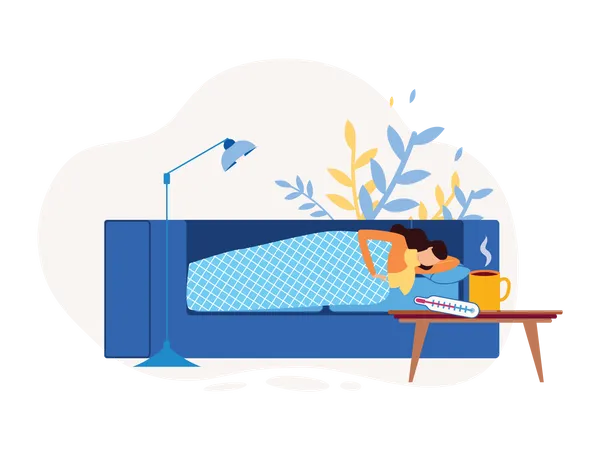 Lady sleeping and resting due to sickness  Illustration