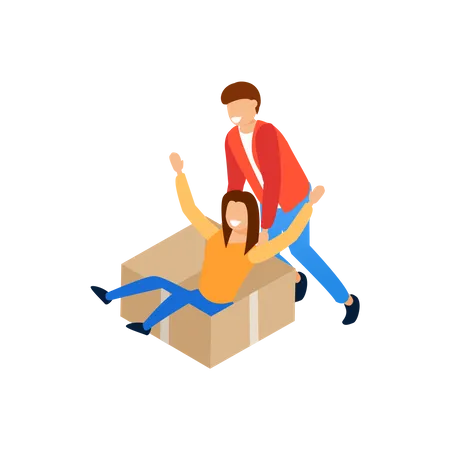 Lady sliding in box when man pushing it enjoyment concept Illustration