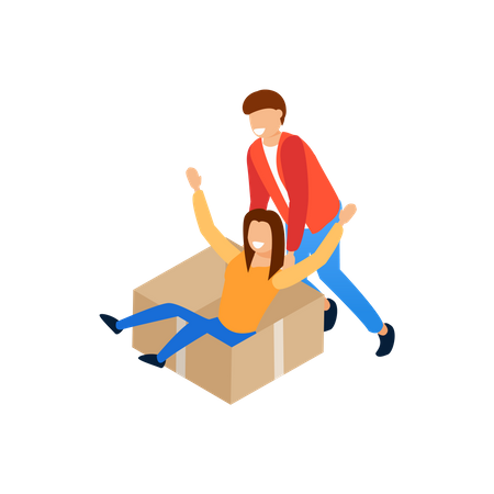 Lady sliding in box when man pushing it enjoyment concept  Illustration