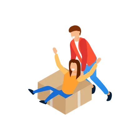 Lady sliding in box when man pushing it enjoyment concept  Illustration