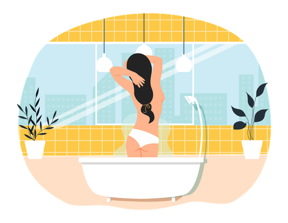 Lady standing in bathtub with hot water  Illustration