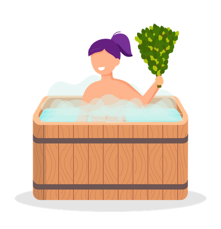 Lady standing in wooden tub with hot water  Illustration