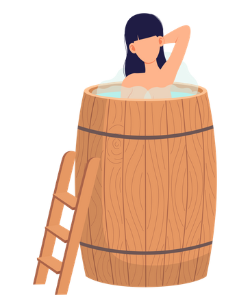 Lady standing in wooden tub with hot water Illustration