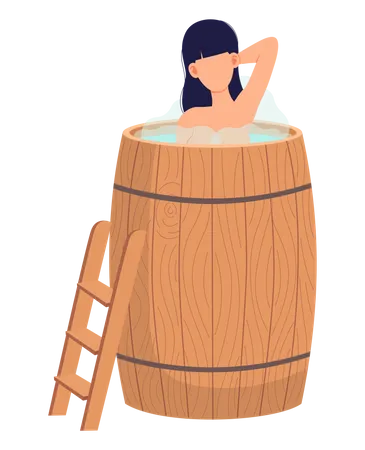 Lady Standing In Wooden Tub With Hot Water Home Bathhose Wellness Spa Procedures In Wooden Water Barrel Cleansing Skin And Hair Concept Female Character Is Relaxing In Home Sauna With Steam Illustration