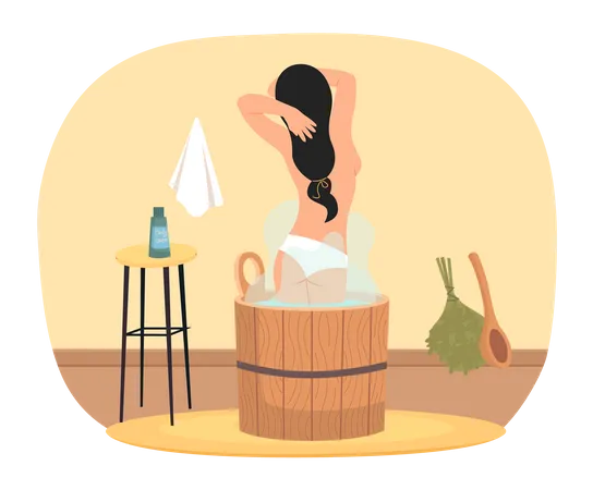 Lady Standing In Wooden Tub With Hot Water Home Bathhose Interior Design Cleansing Skin And Hair Concept Female Character Is Relaxing In Home Sauna With Steam Banya Broom And Body Cream Illustration