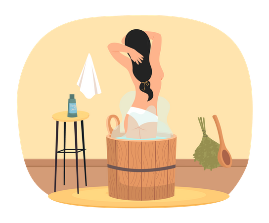 Lady standing in wooden tub with hot water  Illustration