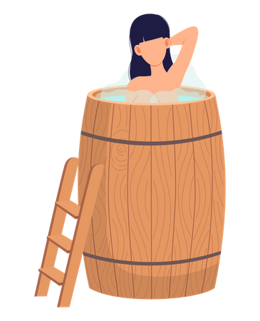 Lady standing in wooden tub with hot water  Illustration