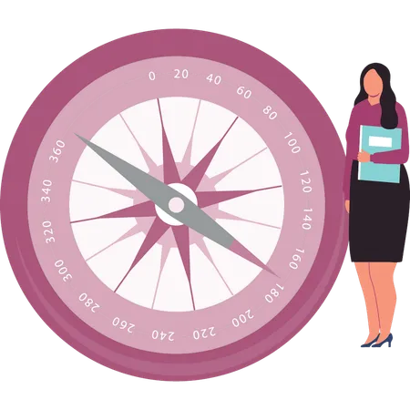 The Woman Stands Near The Compass Orientation Illustration