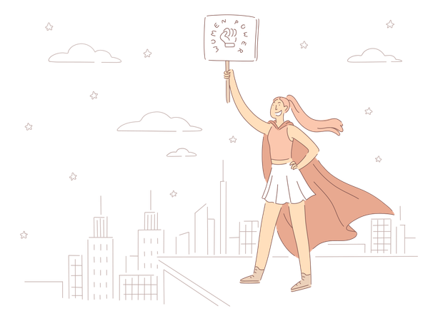 Lady Superhero In Cape Holding Placard With Fist  Illustration