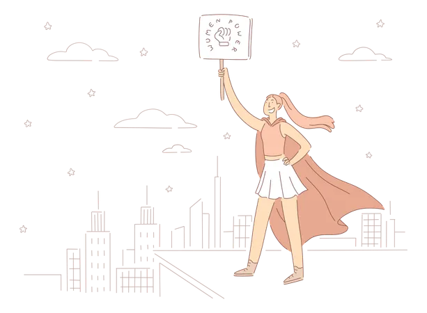 Brave Hero Lady Superhero In Cape Holding Placard With Fist Social Protest Gender Equality Appeal Girl Power Banner Feminist Movement Symbol Concept Cartoon Sketch Flat Vector Illustration Illustration