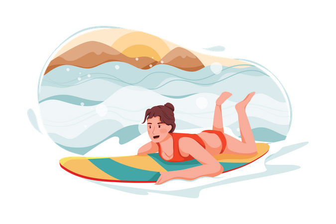 Lady Surfing in sea Illustration