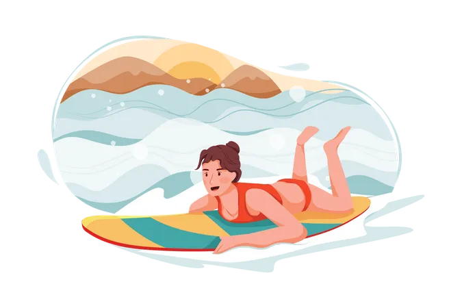 Lady Surfing in sea  Illustration