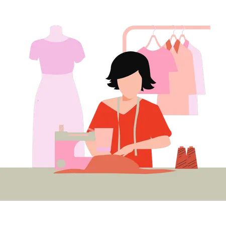 A Female Is Sewing The Clothes Illustration