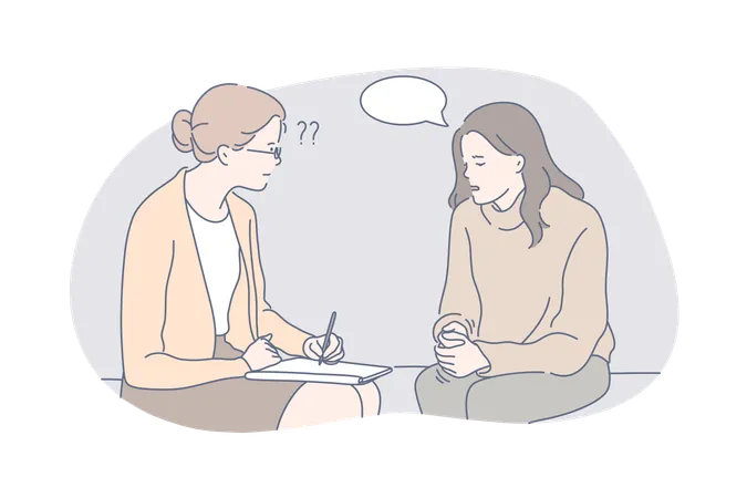Psychology Communication Depression Speech Bubble Therapy Concept Woman Is Depressed Communicates With Psychologist Communication In Speech Bubble Therapist Helps Patient Simple Flat Vector Illustration