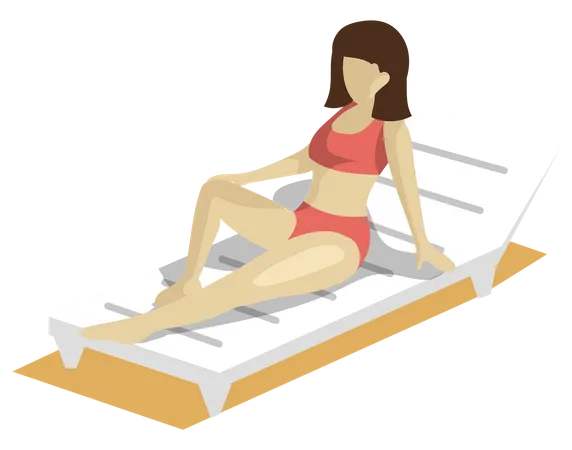 Lady taking sun bath sitting on beach  Illustration