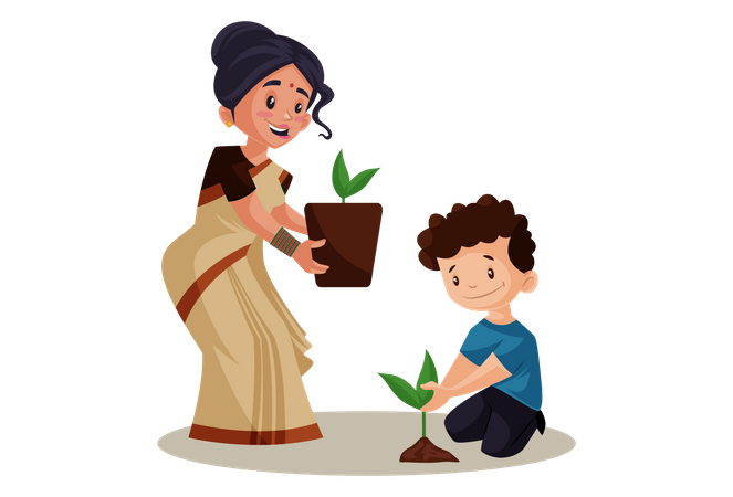 Lady teacher teaching tree plantation to boy kid Illustration