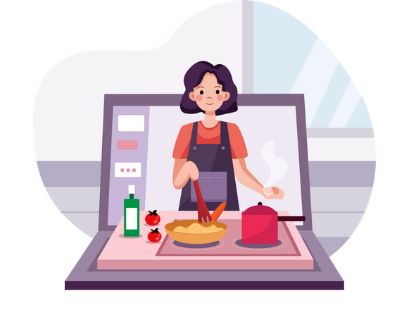Best Premium Lady Teaching cooking recipe on online video tutorial  Illustration download in PNG & Vector format