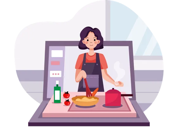 Lady Teaching cooking recipe on online video tutorial  일러스트레이션
