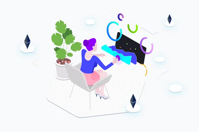 Lady Trading cryptocurrency coin using AR technology  Illustration