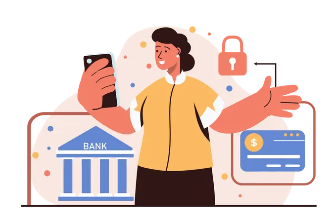 Lady using secure mobile banking features Illustration