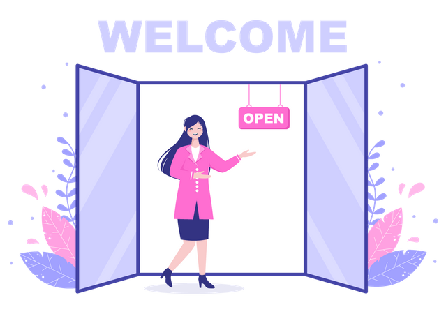Lady welcoming through open door  Illustration