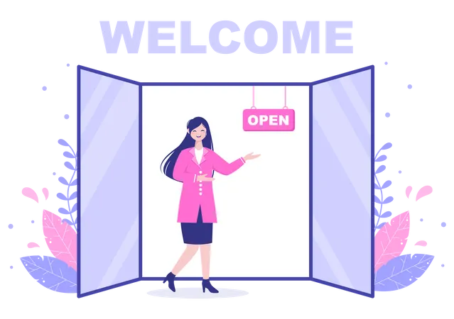 Lady welcoming through open door  Illustration