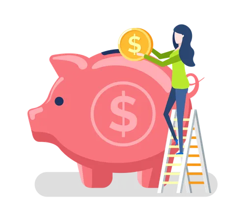Woman Investing Money For Future Vector Isolated Pig With Dollar Sign Lady With American Coin Standing On Ladder Isolated Person Flat Style Investor Illustration