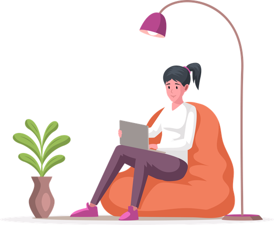 Lady with laptop sits in bag chair  Illustration
