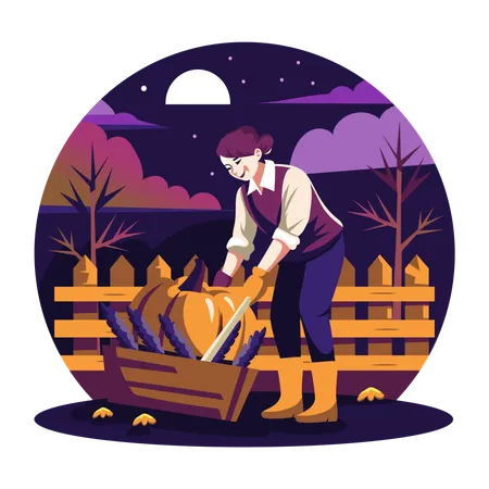 Lady with Pumpkin Cart  Illustration