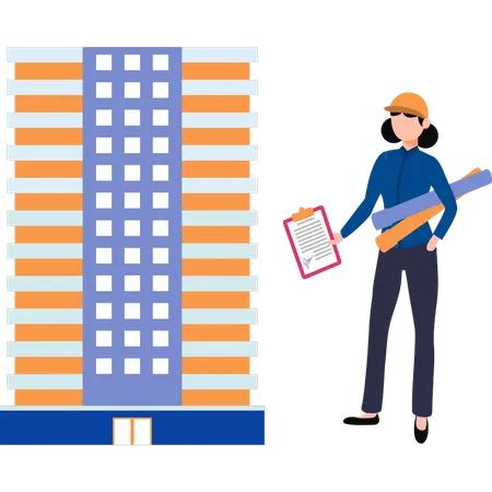 The Female Worker Is Standing Near The Building Illustration