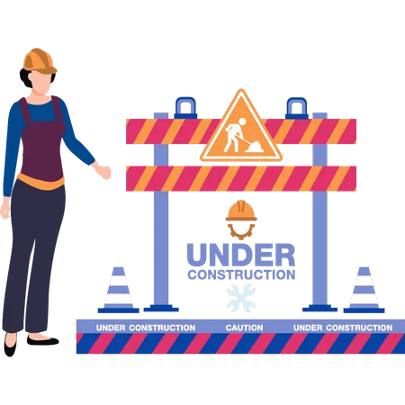 The Female Worker Is Standing With Warning Barrier Illustration