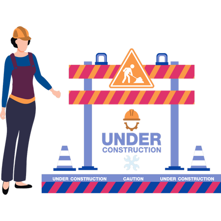 Lady worker is standing with warning barrier  Illustration