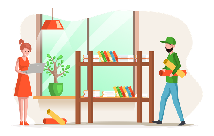 Lady working and boy with mattress at home Illustration