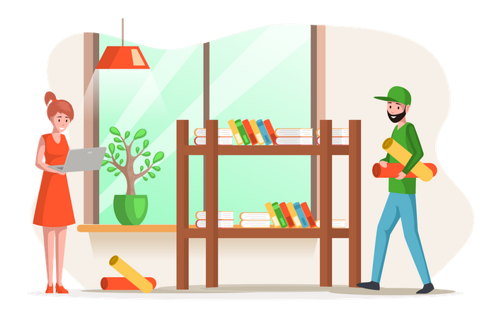 Lady working and boy with mattress at home  Illustration