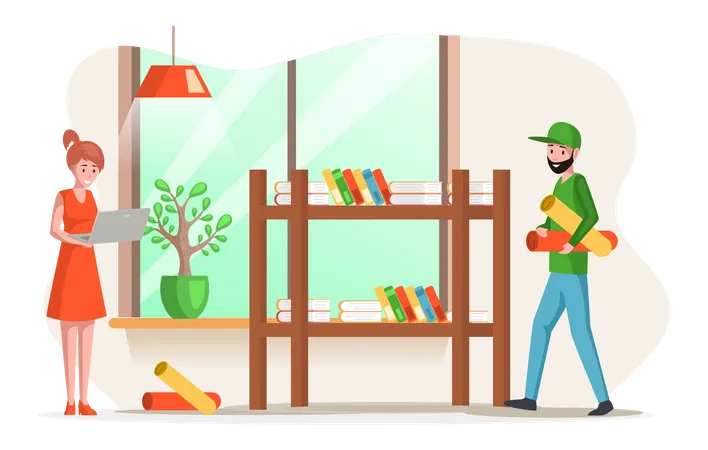 Lady working and boy with mattress at home  Illustration