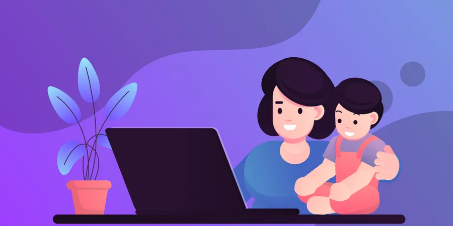 Lady working from home with kid during coronavirus Illustration