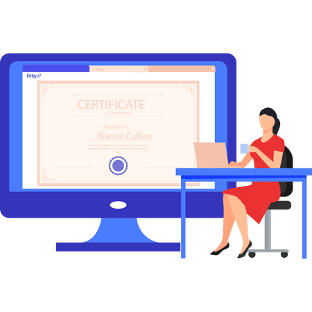 Lady working on certificate on laptop  Illustration