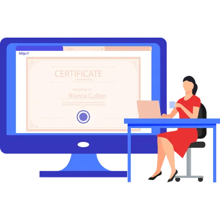 Lady working on certificate on laptop  Illustration