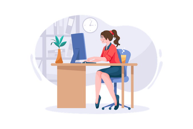 Lady working on computer on her office desk Illustration