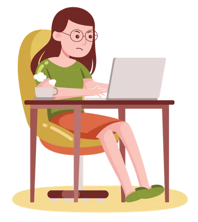 Lady working on laptop at home desk Illustration